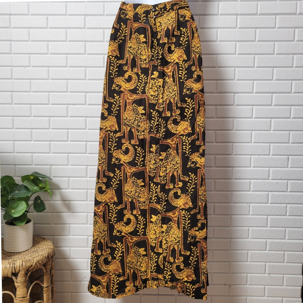 Vtg 70s Maxi Skirt Indonesian Figural Print Size Sz M Metal Zip Boho Resort - Picture 2 of 10